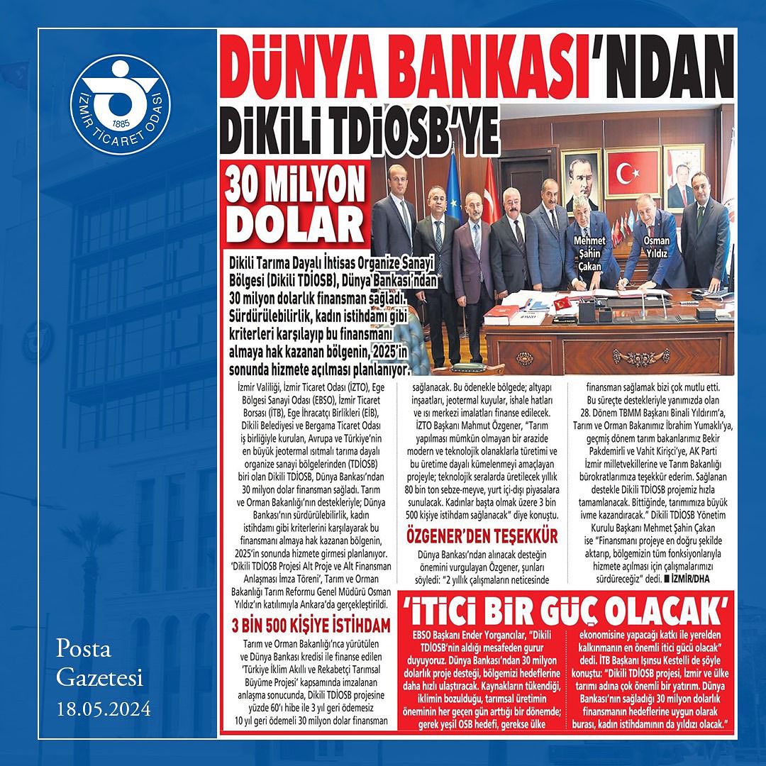 İzmir'de Tarıma Dayalı İhtisas Organize Sanayi Bölgesi'ne 30 Milyon Dolarlık Finansman Desteği